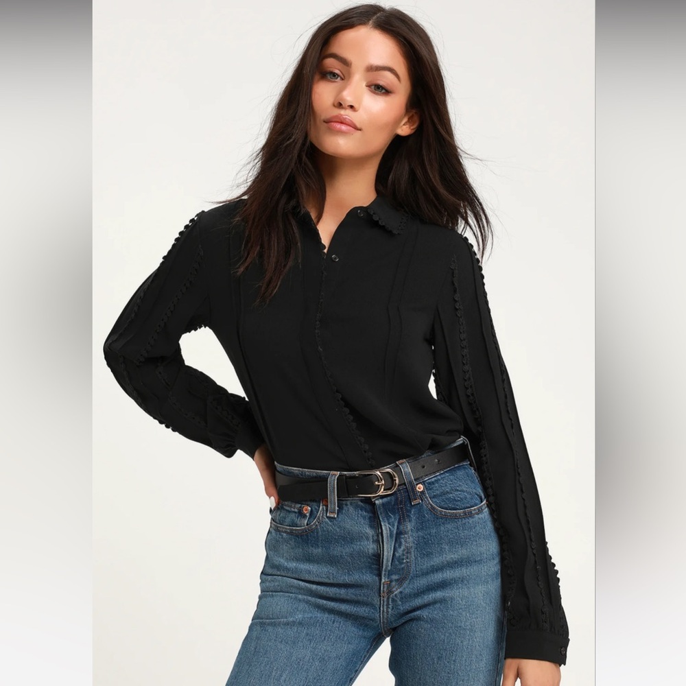 Lulu’s On A Whimsy Black Crochet Long Sleeve Button-Up Top C4